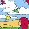 Раскраска: Девочка и птички (Girl  and birds in the field coloring)